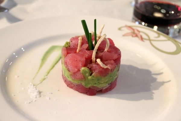 a tuna and avocado stack on a plate