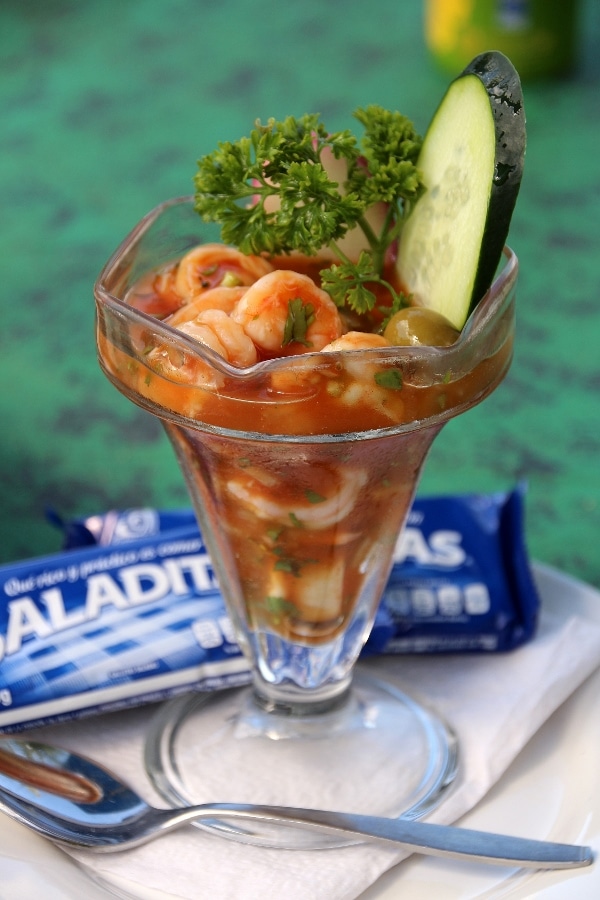 shrimp ceviche in a tall sundae glass