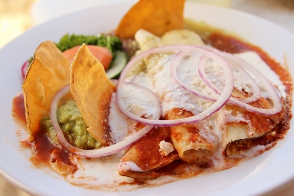 closeup of a plate of enchiladas with guacamole and chips