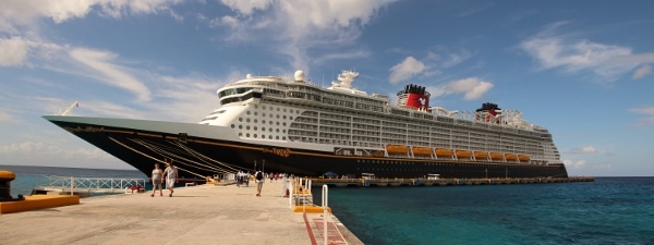 wide view of the Disney Fantasy docked in Cozumel