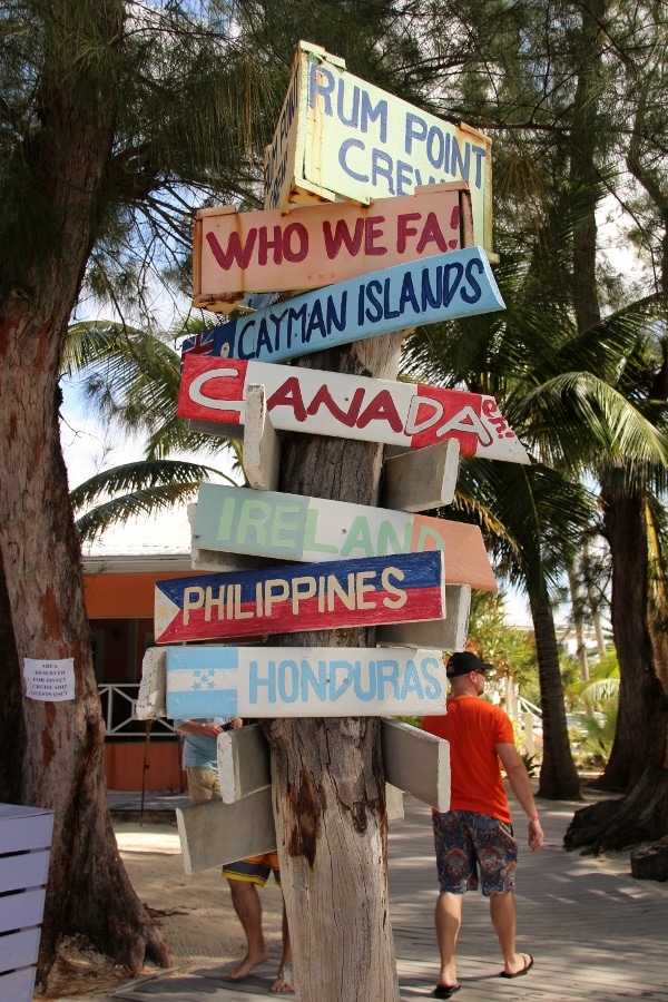 a closeup of colorful signs pointing to different countries