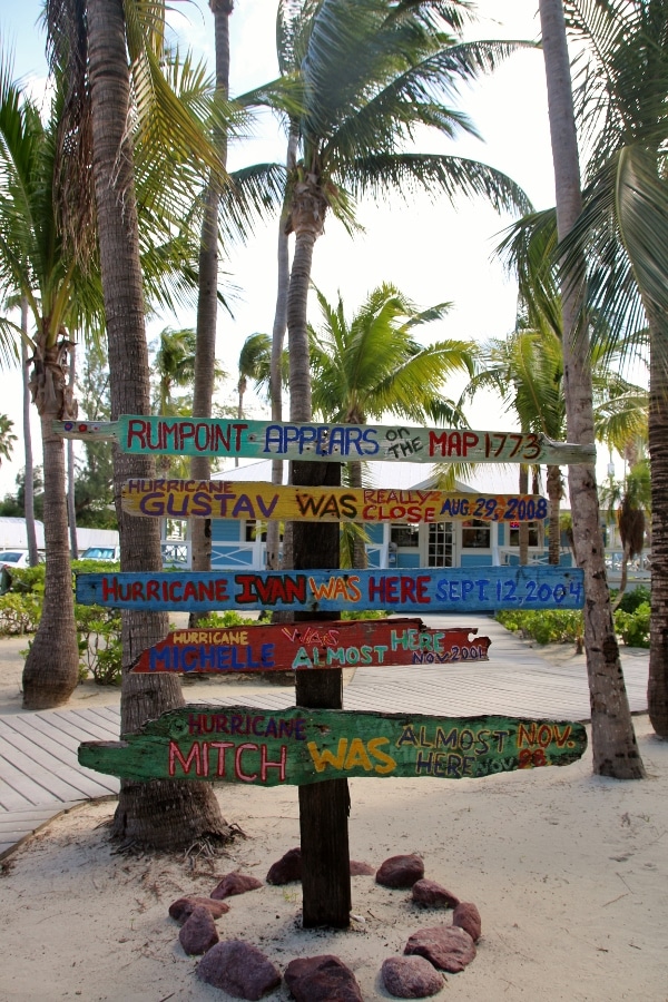 wooden signs on a beach listing hurricanes that have hit the area