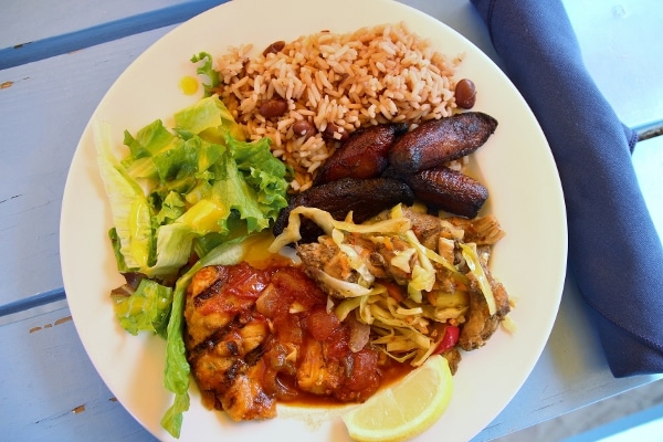 overhead view of a plate of Caribbean food