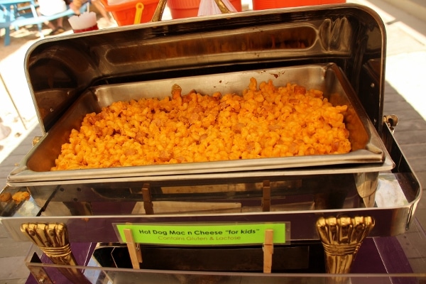 hot dog mac and cheese on a lunch buffet