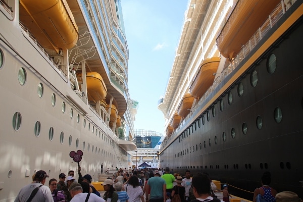 A group of people standing in between 2 cruise ships