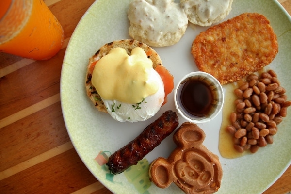 a plate of breakfast foods from the buffet