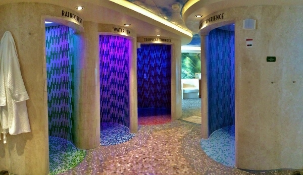 the colorful tiled showers inside the Rainforest Room on the Disney Fantasy