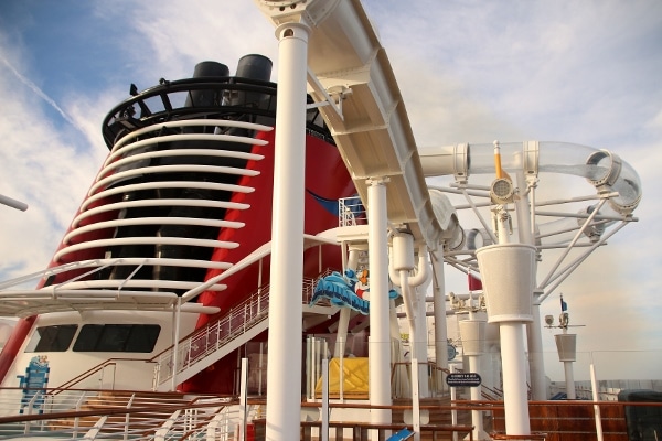 closeup of the Aquaduck water slide on the Disney Fantasy