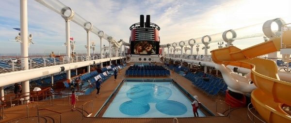 a wide view of the pool deck of the Disney Fantasy