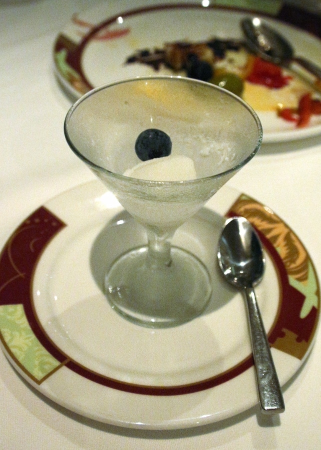 a scoop of sorbet in a small cocktail glass