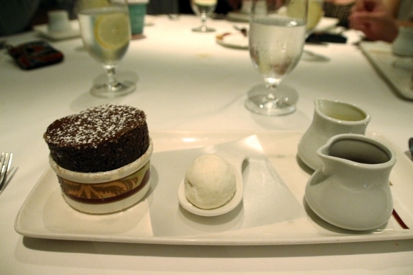 a chocolate souffle served with ice cream