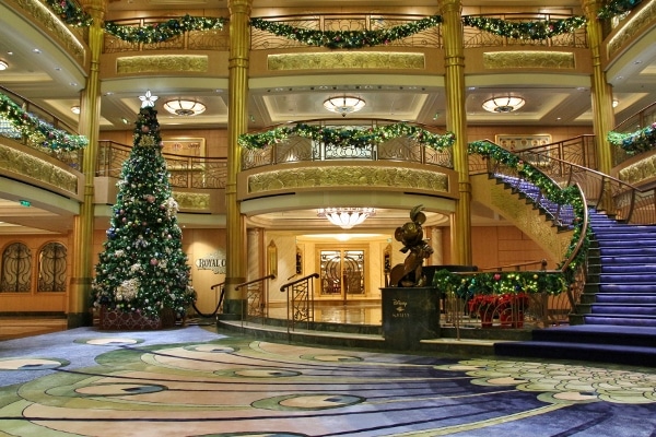 the Disney Fantasy lobby atrium decorated for Christmas