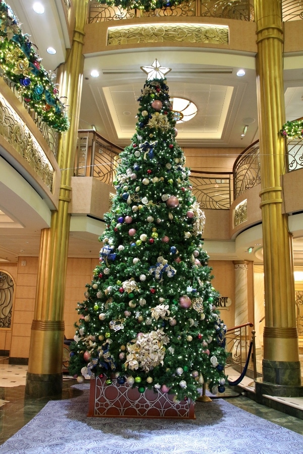 A Christmas tree in the lobby atrium of the Disney Fantasy