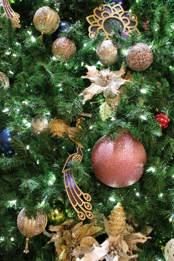 A close up of Christmas tree decorations