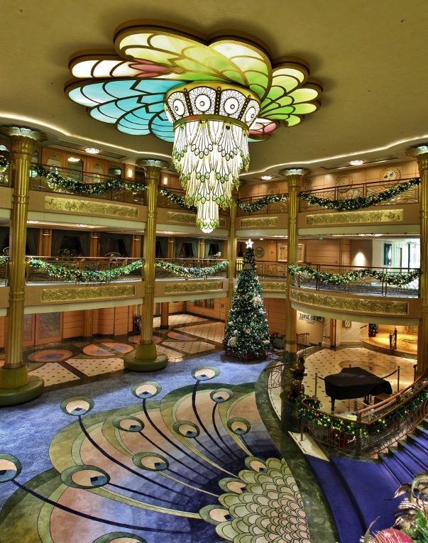 overhead wide view of the Disney Fantasy lobby decorated for Christmas