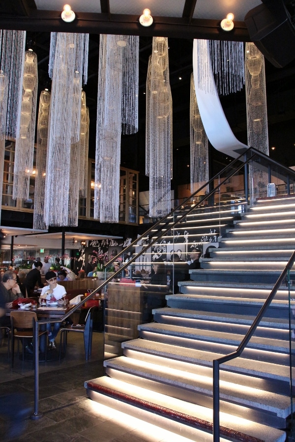 a stairway inside a large restaurant