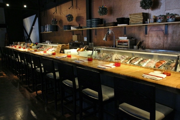 wide view of a sushi bar in a restaurant