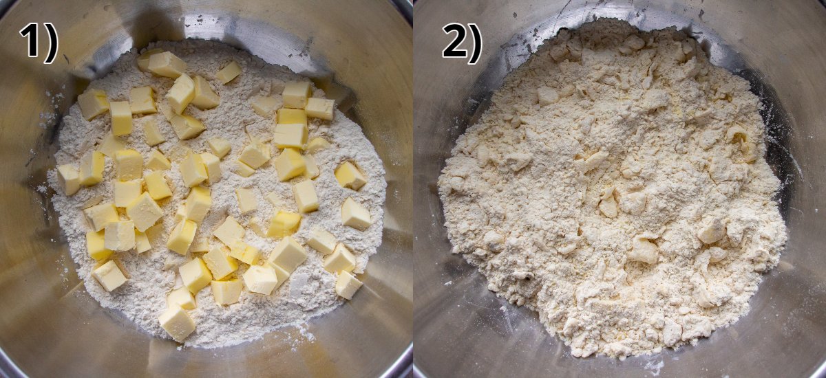Cutting cubes of butter into a flour mixture in a metal bowl.