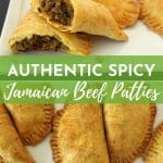 Jamaican beef patties served on a white rectangular plate, with one cut in half to show the filling