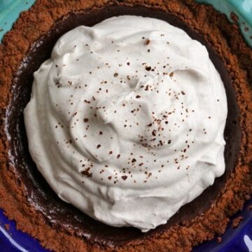 overhead view of a Mexican chocolate pie with whipped cream