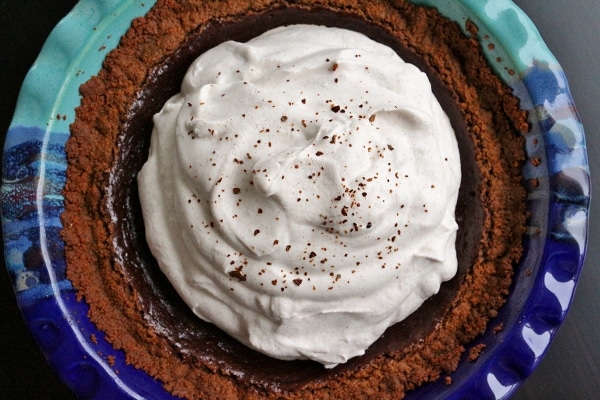 overhead view of a Mexican chocolate pie in a blue pie dish