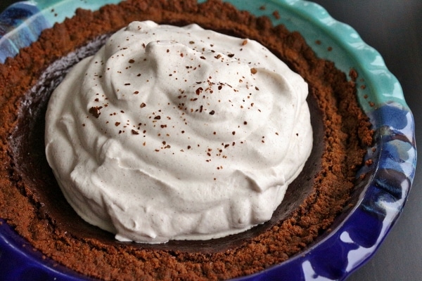 side view of a Mexican chocolate pie with whipped cream