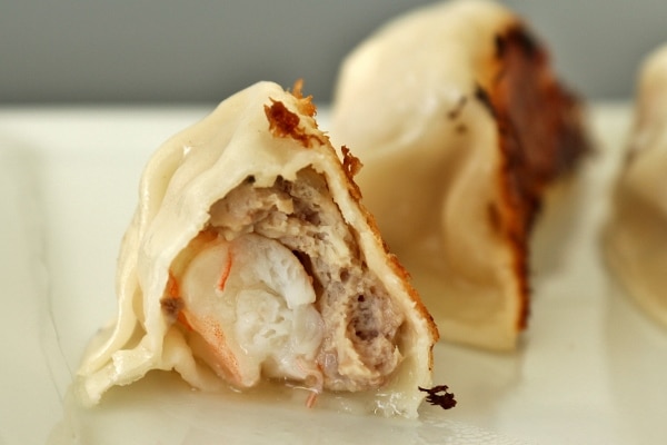 closeup of a pork and shrimp dumpling with a bite taken out