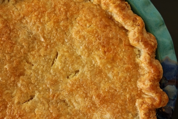 closeup of the top crust of a freshly baked pie