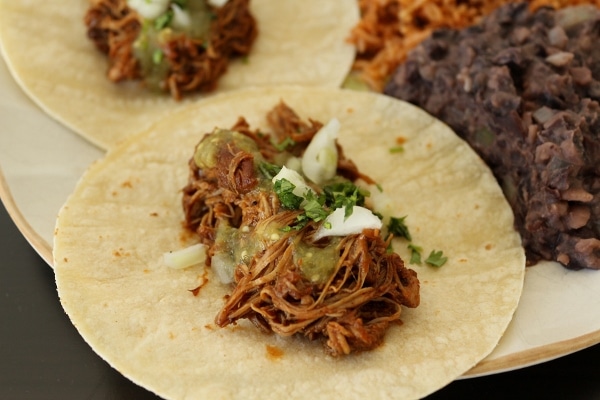 closeup of braised chicken tacos with salsa verde, cilantro, and onion