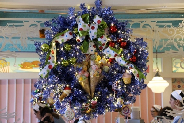 a colorful Christmas wreath decorated with ice cream cones