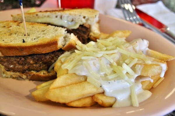 A close up of a fries smothered in white gravy and cheese