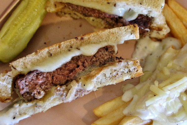 overhead view of a patty melt cut in half