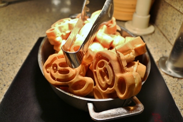 Mickey waffles on a breakfast buffet
