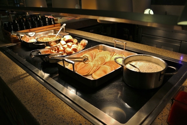 various breakfast foods on a buffet