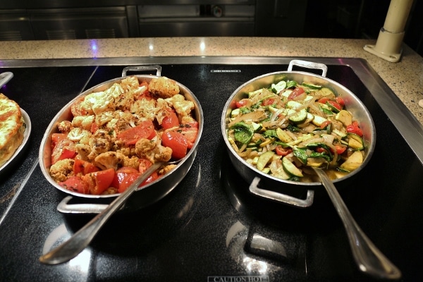 breakfast items on a buffet line