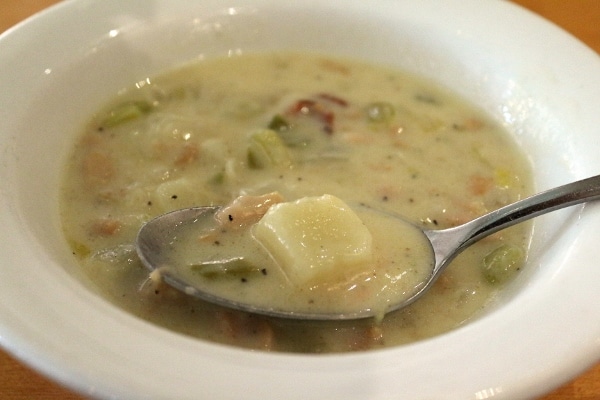 closeup of a spoonful of clam chowder