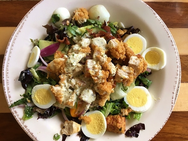 fried chicken salad with hard-boiled eggs