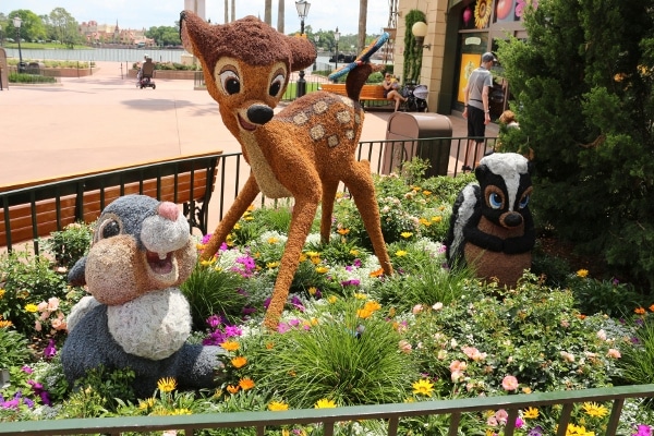 Bambi, Thumper, and Flower topiaries