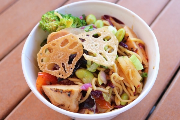 A bowl of noodles with chicken and vegetables