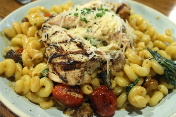 closeup of a plate of pasta with grilled chicken