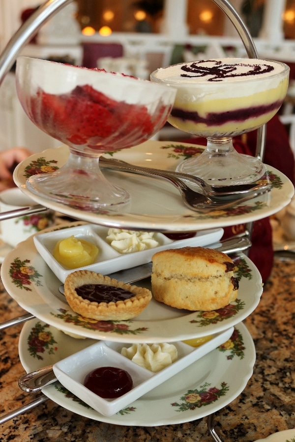 side view of a 3 tiered afternoon tea food display