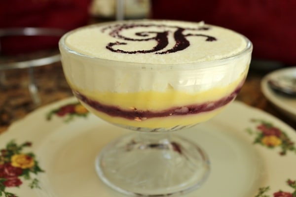 side view of a trifle in a glass dish