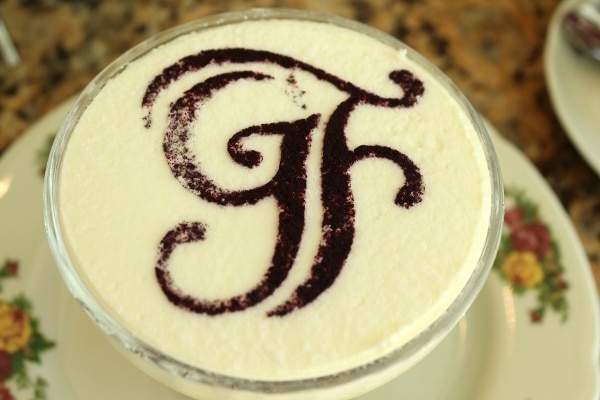 overhead view of a trifle topped with the letters GF