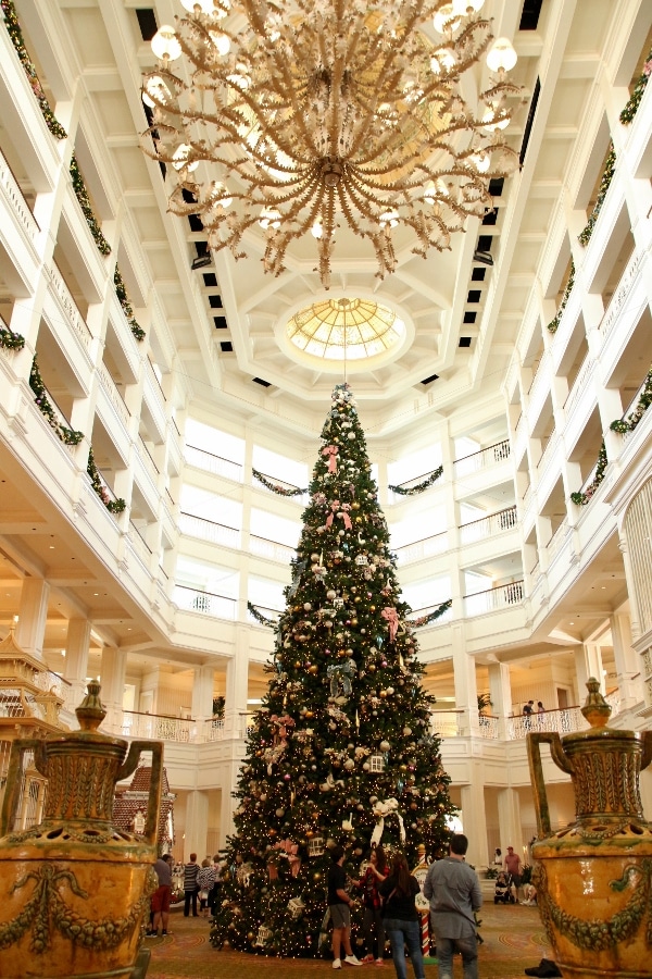 wide view of the Christmas Tree in the Grand Floridian lobby