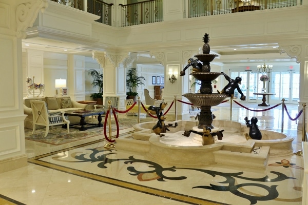 wide view of a lobby with a penguin fountain