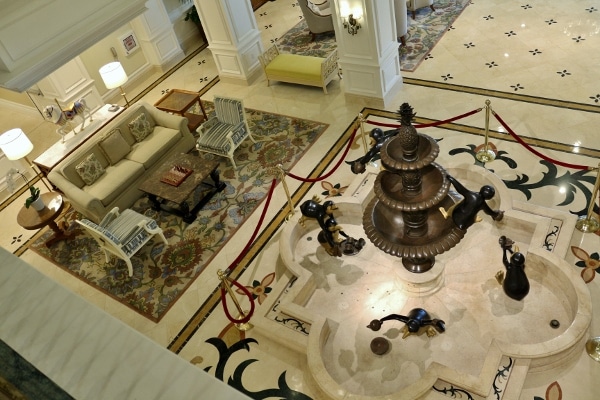 overhead view of a lobby with a penguin fountain