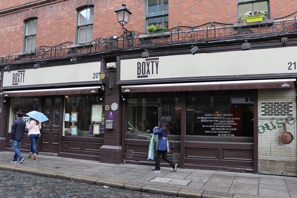 exterior of a restaurant that says Boxty on the awning