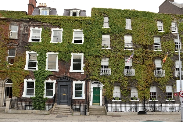A large brick building covered with ivy