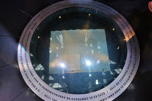 A close up of the Guinness lease preserved in the floor under glass