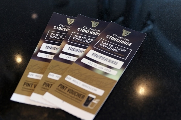 3 tickets for the Guinness Storehouse on a table